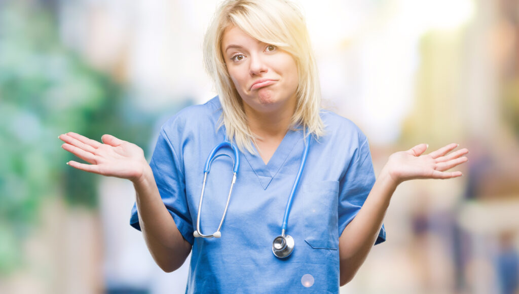 Healthcare worker looking confused.