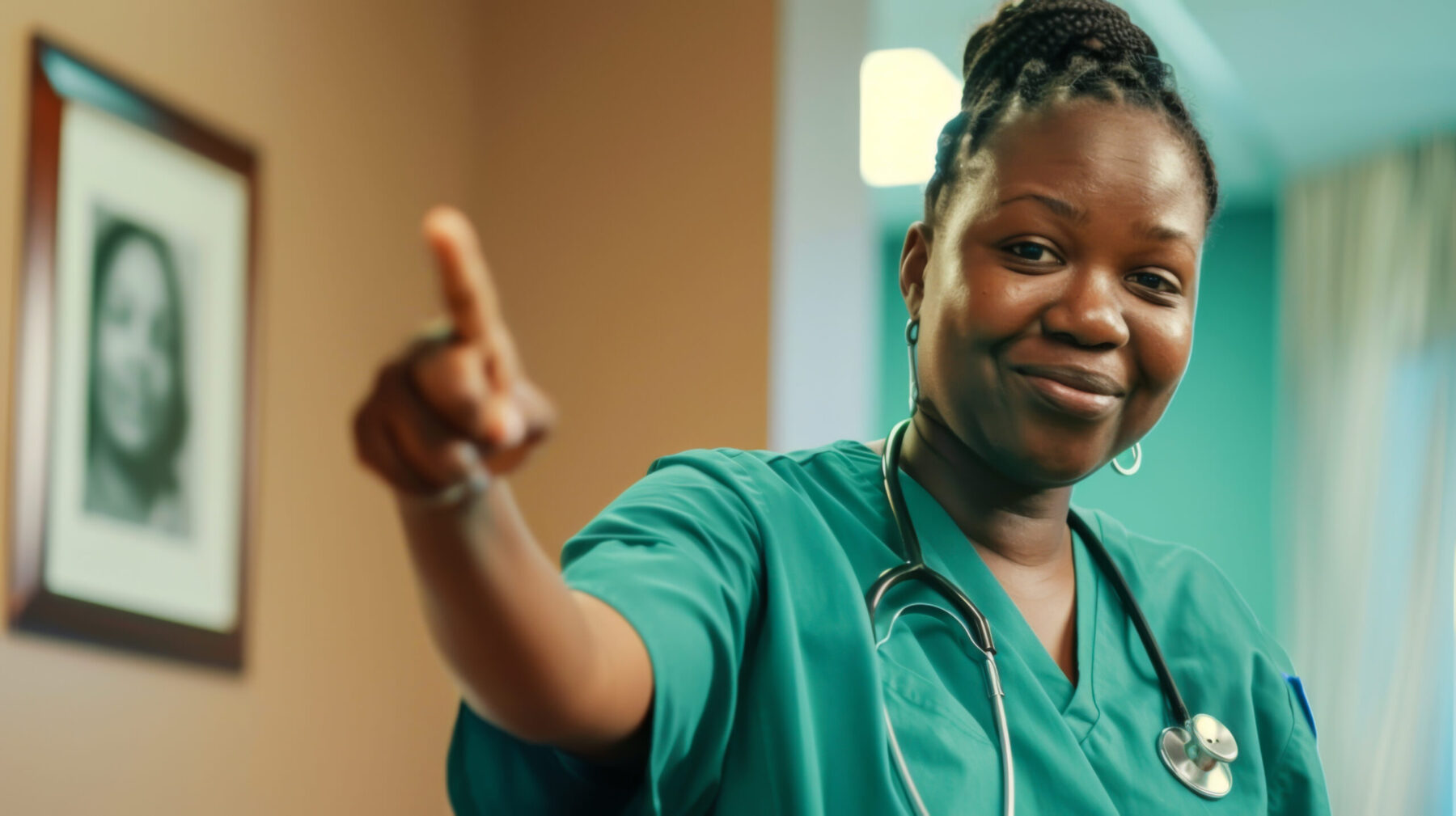 A smiling woman in a green scrubs shirt points to a clock on the wall. Concept of warmth and friendliness, as the woman is giving directions or offering assistance
