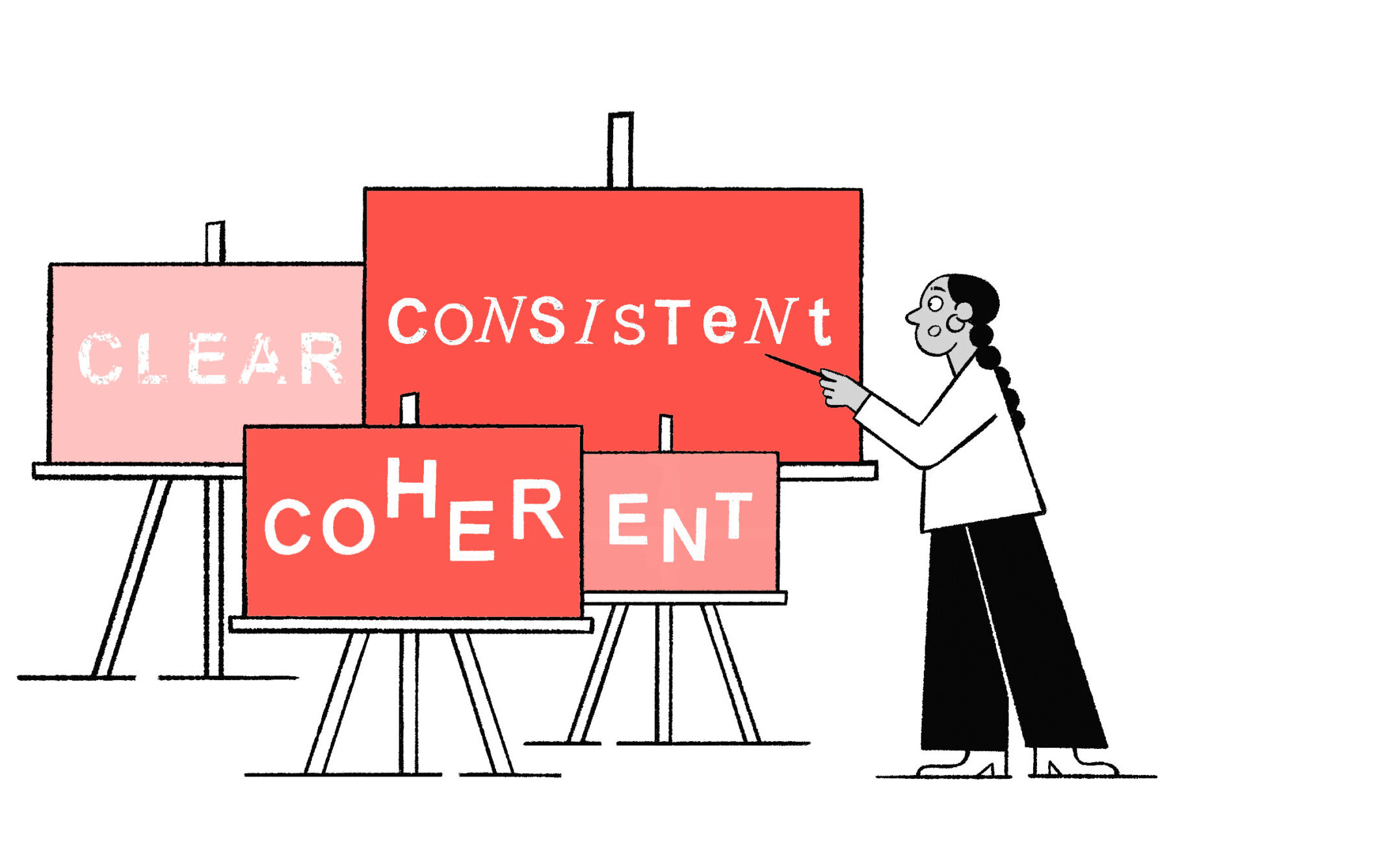 Person pointing at clear, coherent, and consistent posters
